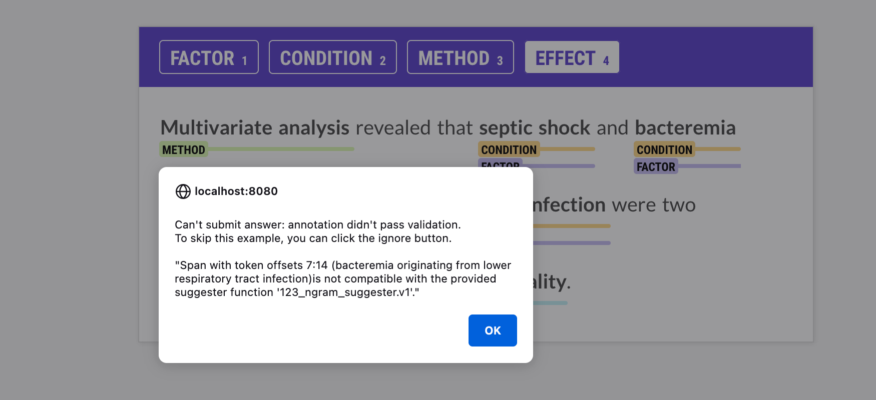 Screenshot of validation alert for span suggester